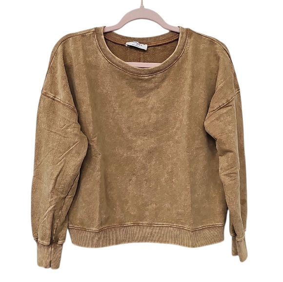 Zenana Outfitters Tops - New Zenana Tan Acid Wash Fleece Sweatshirt Size L French Terry Pullover